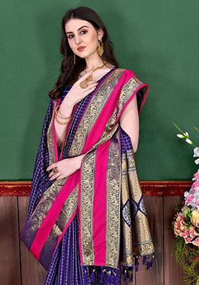 Blue Zari Woven Silk Saree Set — House of Indya
