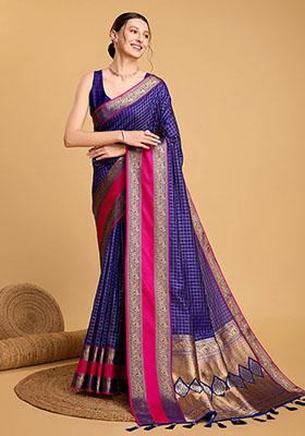 Blue Zari Woven Silk Saree Set — House of Indya