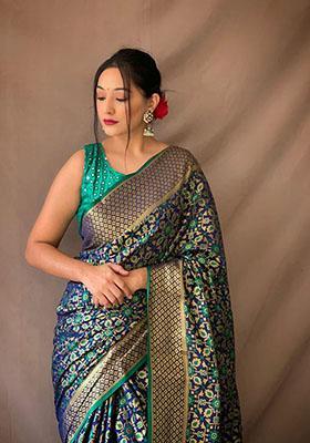 Green Zari Woven Silk Saree Set — House of Indya