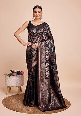 Black Zari Woven Silk Saree Set — House of Indya