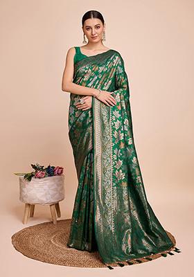 Green Zari Woven Silk Saree Set — House of Indya