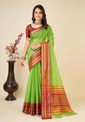 Green Zari Woven Kota Doria Silk Saree Set — House of Indya