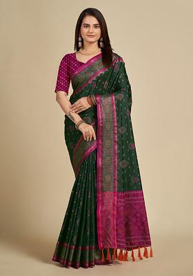 Green Woven Patola Silk Saree Set — House of Indya