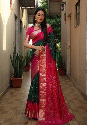 sari Buy Women Pink Zari Woven Bandhej Silk Saree Set - XSR09477