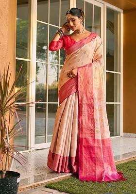 Buy Women Cream Zari Woven Silk Saree Set - XSR11772 - Unstitched