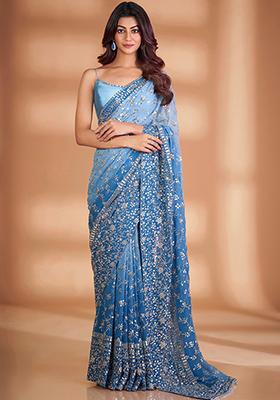 Blue Solid Georgette Saree Set — House of Indya