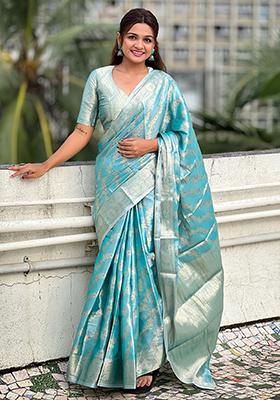 Buy Women Sky Blue Zari Woven Kanjivaram Soft Tissue Silk Saree