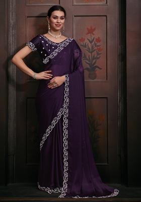 Women's Chiffon Purple Embellished Designer Saree With Blouse Piece