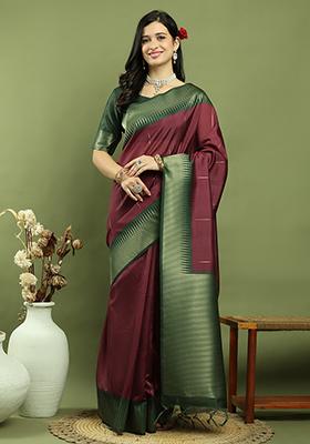 Burgundy Paisley Woven Design Silk Blend Saree With Unstitched Blouse Piece