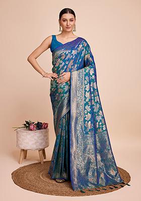 kosariii✴︎ Buy Peacock Blue Zariwork Raw Silk Saree - Koskii