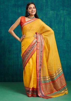 Buy Women Yellow Zari Work Kanjeevaram Saree Set - XSR50910