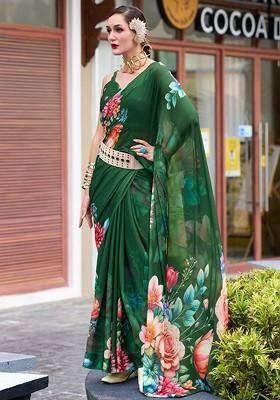 Green Printed Poly Blend Saree Set With Blouse