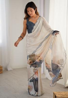 Cream Printed Chiffon Saree Set — House of Indya
