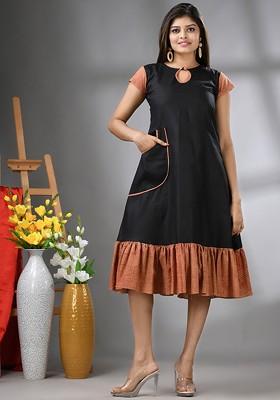 Women Black Ethnic Motif Printed Rayon Dress With Doris & Tassels