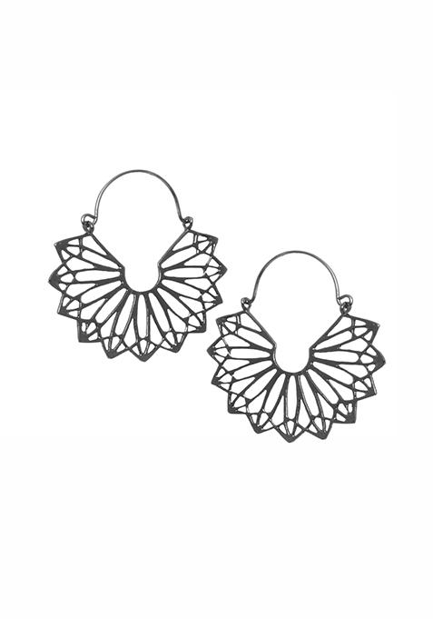 Silver Half Moon Geomtric Oxidised Hoop Earrings 