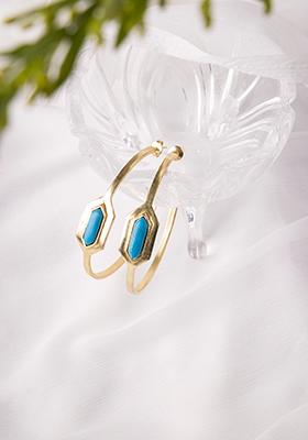 Gold Blue Hexagon Stone Hoop Earrings 