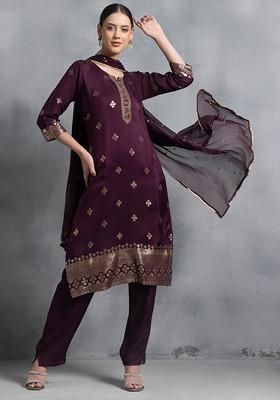 Purple Embroidered A-Line Brocade Kurta