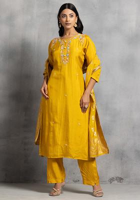 Women Yellow Rayon Hand & Machine embroidered Kurta with pant & Embroidered Dupatta