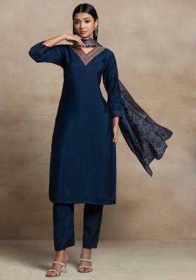 Women Teal Blue & Beige Floral Printed Pleated Kurta with Trousers & Dupatta
