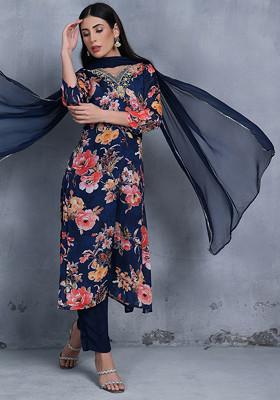 Women Liva (Rayon) Blue Floral Print Kurta Wide Leg Pant Dupatta