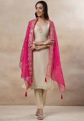 Pink Gold Printed Straight Kurta Set With Net Dupatta for Women