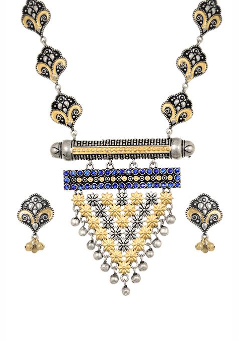 Dual Toned Oxidized Triangular Earrings Necklace Set 