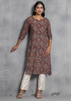 Buy Women Maroon Floral Print Cotton Kurta - A-Line Kurtas - Indya